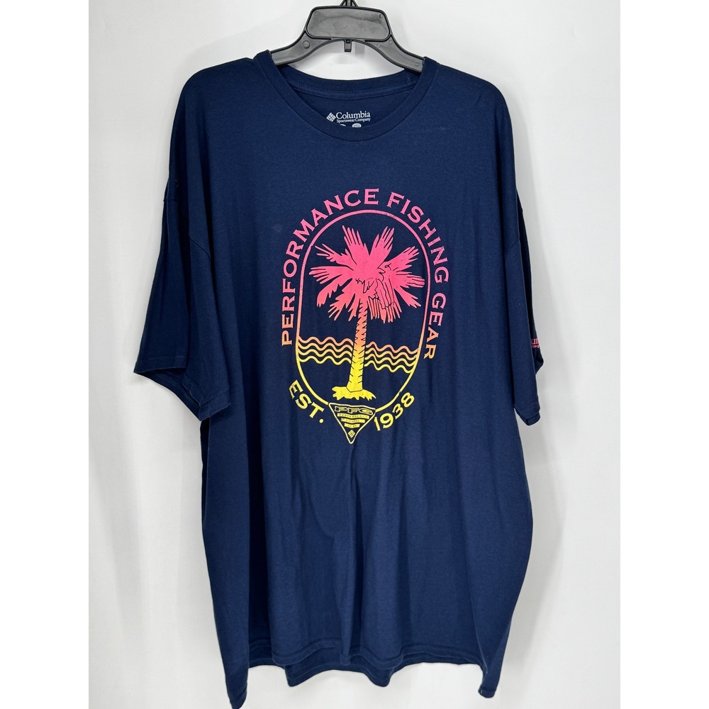 Columbia PFG T-Shirt Mens XXL Navy Performance Fishing Gear Palm Tree Graphic